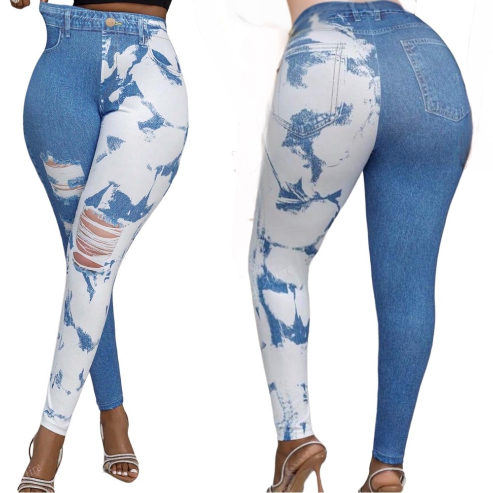 Plus Size Women Denim-Effect Pants Color Blocking Print Fit Leggings